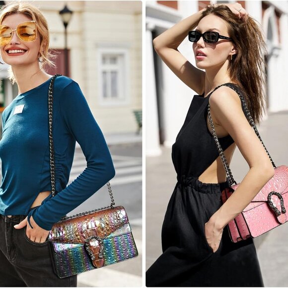 Crossbody Bag with Chain Artificial Leather Crocodile Print Small Purse - Picture 7 of 7